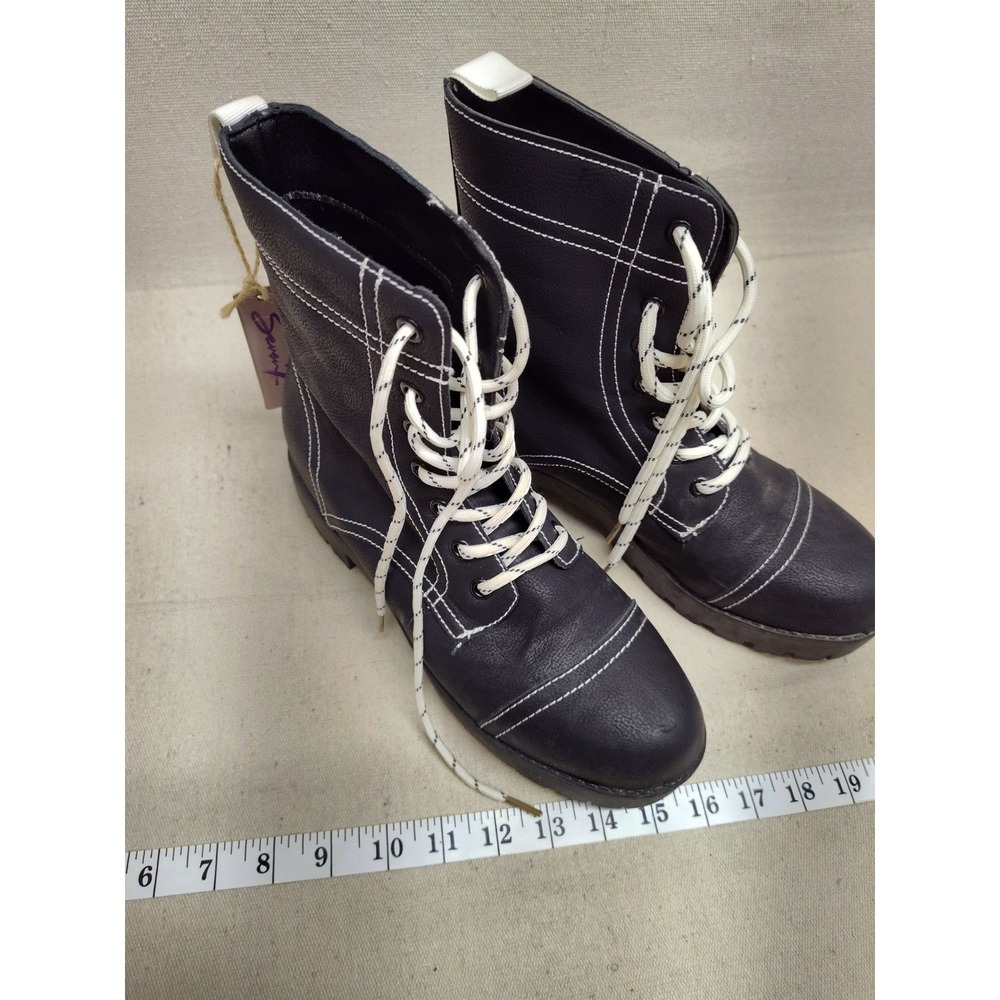 Seven7 Jodi 2112 Black Combat Boot White Contrast Stitch Lace Up Lug Sole Size 9